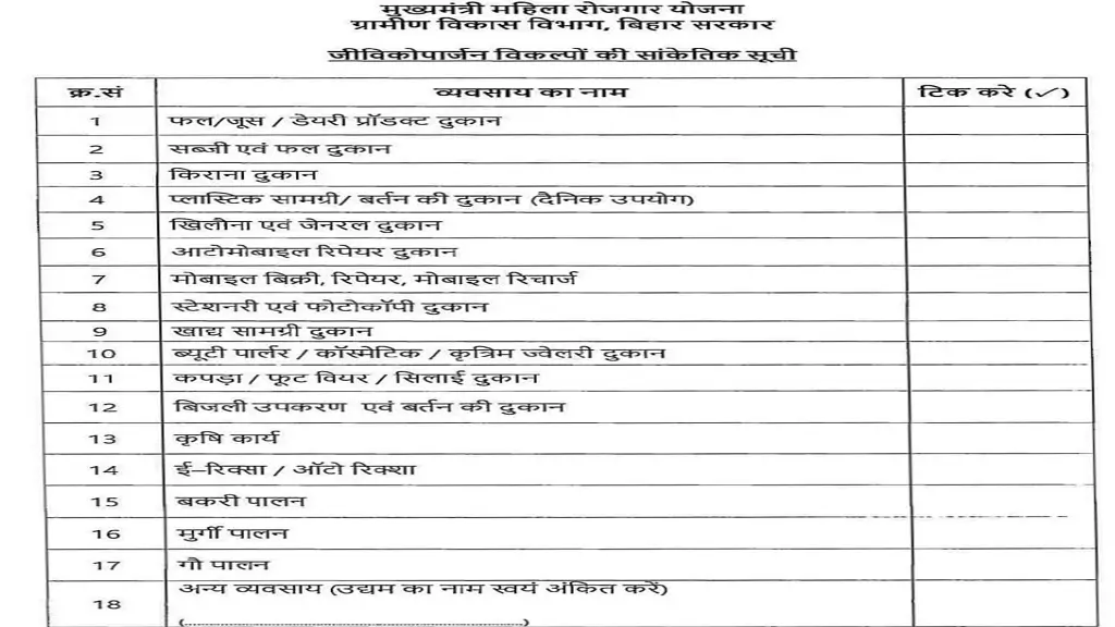 मुख्यमंत्री महिला रोजगार योजना में शामिल प्रमुख व्यवसाय